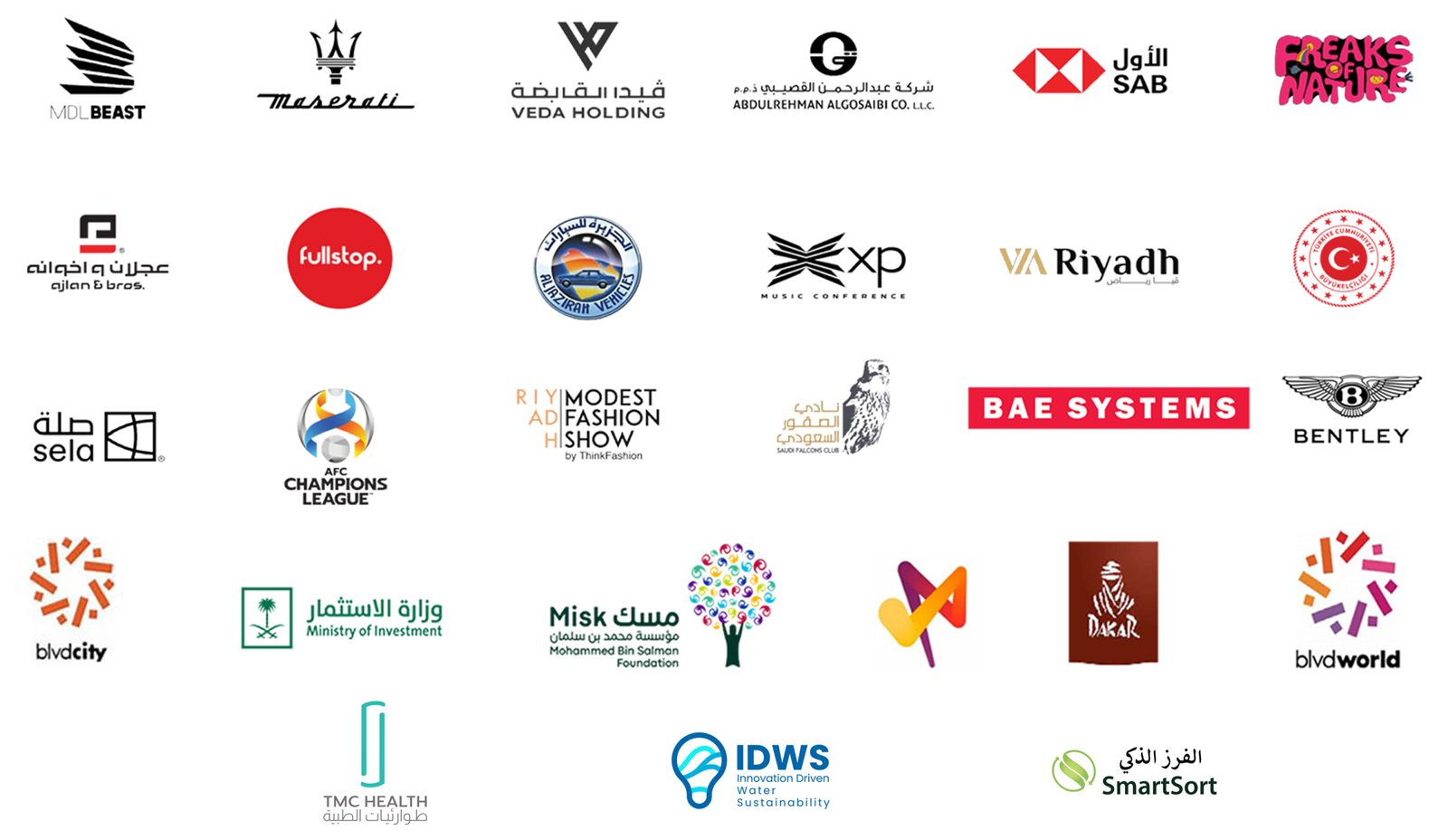 Client logos including MDLBEAST, Maserati, SAB, BAE Systems, Bentley, Riyadh Season, sela, AFC Champions League, Misk, Dakar and BLVD World