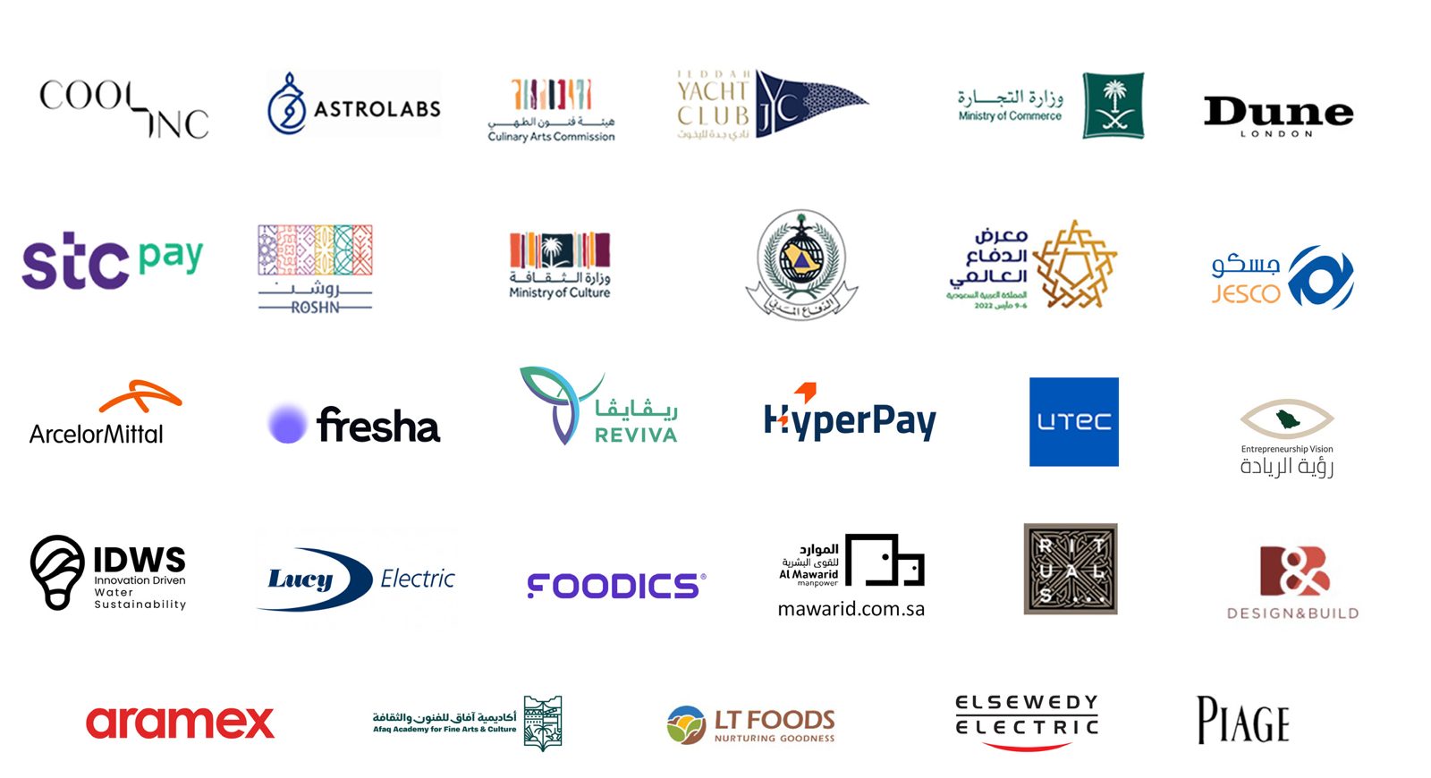 Client logos including AstroLabs, Ministry of Culture, stc pay, ArcelorMittal, Fresha, HyperPay, UTEC, Lucy Electric, Foodics, aramex, LT Foods and Elsewedy Electric