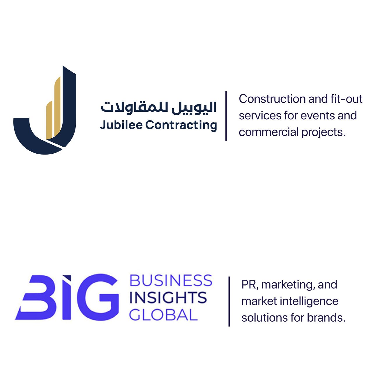 Jubilee Contracting — construction and fit-out services for events and commercial projects. BIG Business Insights Global — PR, marketing and market intelligence solutions for brands.